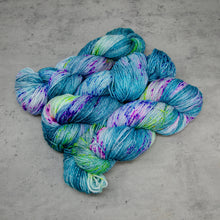 Load image into Gallery viewer, Poseidon - SPARKLE Sock Weight, Hand Dyed Superwash Merino Wool with Nylon/Lurex Yarn, UV Reactive Deep Teal Multicolored, 437 Yards (400 M)
