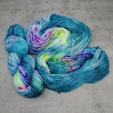 Load image into Gallery viewer, Poseidon - SPARKLE Sock Weight, Hand Dyed Superwash Merino Wool with Nylon/Lurex Yarn, UV Reactive Deep Teal Multicolored, 437 Yards (400 M)
