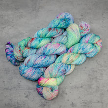 Load image into Gallery viewer, Surfing - Hand Dyed Special Sock, Fingering Weight 90/10 Superwash Merino Silk Yarn, UV Reactive Aqua Multi Speckled, 463 Yards (423 M)
