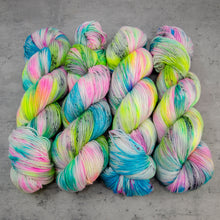 Load image into Gallery viewer, Study Hall - Hand Dyed Fingering/Sock Weight Merino Cashmere Nylon Yarn,  UV Reactive Neon Multi Grey Speckled, 435 Yards (397 Meters)
