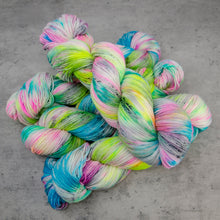 Load image into Gallery viewer, Study Hall - Hand Dyed Fingering/Sock Weight Merino Cashmere Nylon Yarn,  UV Reactive Neon Multi Grey Speckled, 435 Yards (397 Meters)
