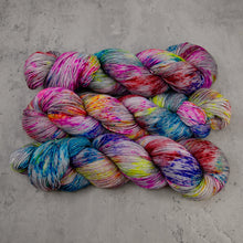 Load image into Gallery viewer, Betta - Hand Dyed Feather Fingering Weight, SW Merino Wool, Baby Alpaca, Silk Yarn, UV Reactive Rainbow Speckled, 437 Yards (400 M)
