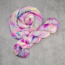 Load image into Gallery viewer, Roseate - Hand Dyed Feather Fingering Weight, SW Merino Wool, Baby Alpaca, Silk Yarn, UV Reactive Pink Cream Multi, 437 Yards (400 M)
