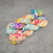 Load image into Gallery viewer, Springtime - Hand Dyed Super Sock Fingering Weight 75/25 SW Merino Nylon Yarn, UV Reactive Rainbow Multi Speckles, 463 Yards (423 Meters)

