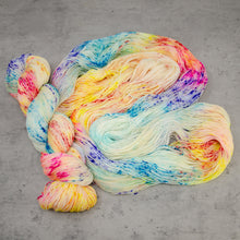 Load image into Gallery viewer, Springtime - Hand Dyed Special Sock, Fingering Weight 90/10 Superwash Merino Silk Yarn, UV Reactive Rainbow Speckles, 463 Yards (423 Meters)
