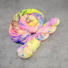 Load image into Gallery viewer, Roller Skates - Hand Dyed Feather Fingering Weight, SW Merino Wool, Baby Alpaca, Silk Yarn, UV Neon Pink Yellow Speckle, 437 Yards (400 M)
