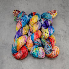 Load image into Gallery viewer, Primarily - Hand Dyed DK Weight Superwash Merino Wool and Silk Yarn, Bright Random Rainbow with Black Speckle, 245 Yards (224 Meters)
