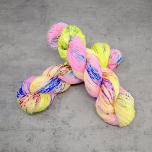 Roller Skates - Hand Dyed Feather Fingering Weight, SW Merino Wool, Baby Alpaca, Silk Yarn, UV Neon Pink Yellow Speckle, 437 Yards (400 M)