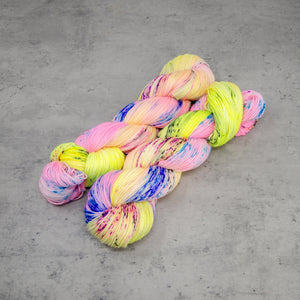 Roller Skates - Hand Dyed Feather Fingering Weight, SW Merino Wool, Baby Alpaca, Silk Yarn, UV Neon Pink Yellow Speckle, 437 Yards (400 M)