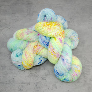 Birds of a Feather - SPARKLE Sock Weight, Hand Dyed Superwash Merino Wool with Nylon/Lurex Yarn, UV Reactive Pastels, 437 Yards (400 M)