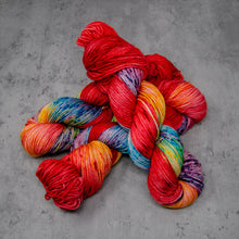 Load image into Gallery viewer, Macaw - Hand Dyed DK Weight Superwash Merino Wool and Silk Yarn, Bright Red Rainbow Speckled, 245 Yards (224 Meters)
