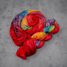 Load image into Gallery viewer, Macaw - Hand Dyed DK Weight Superwash Merino Wool and Silk Yarn, Bright Red Rainbow Speckled, 245 Yards (224 Meters)
