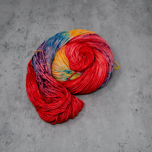 Macaw - Hand Dyed DK Weight Superwash Merino Wool and Silk Yarn, Bright Red Rainbow Speckled, 245 Yards (224 Meters)